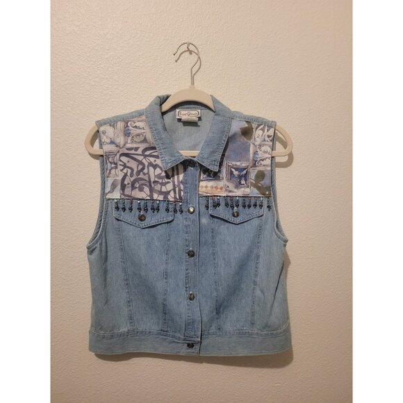 Vtg 90s Saint Germain Paris Denim Western Vest Button Wmn S Boho Patchwork - Picture 1 of 11